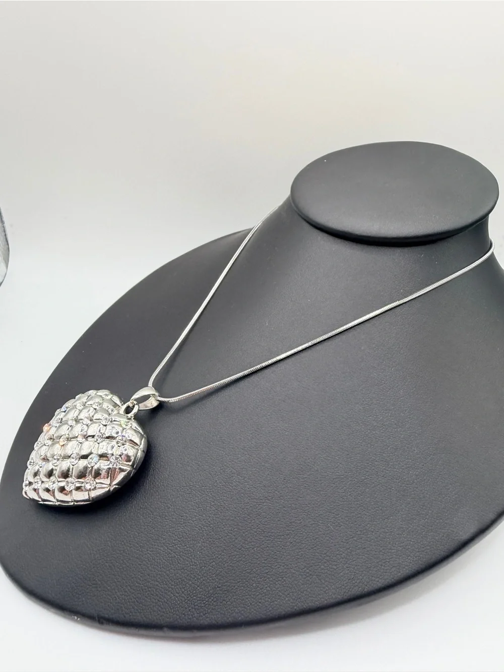 Chunky Silver Plated Heart Quilted Pendant Necklace with Crystal Accents